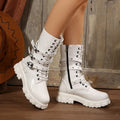 Women's black mid-calf knight boots featuring a metal buckle strap and a side zip closure.