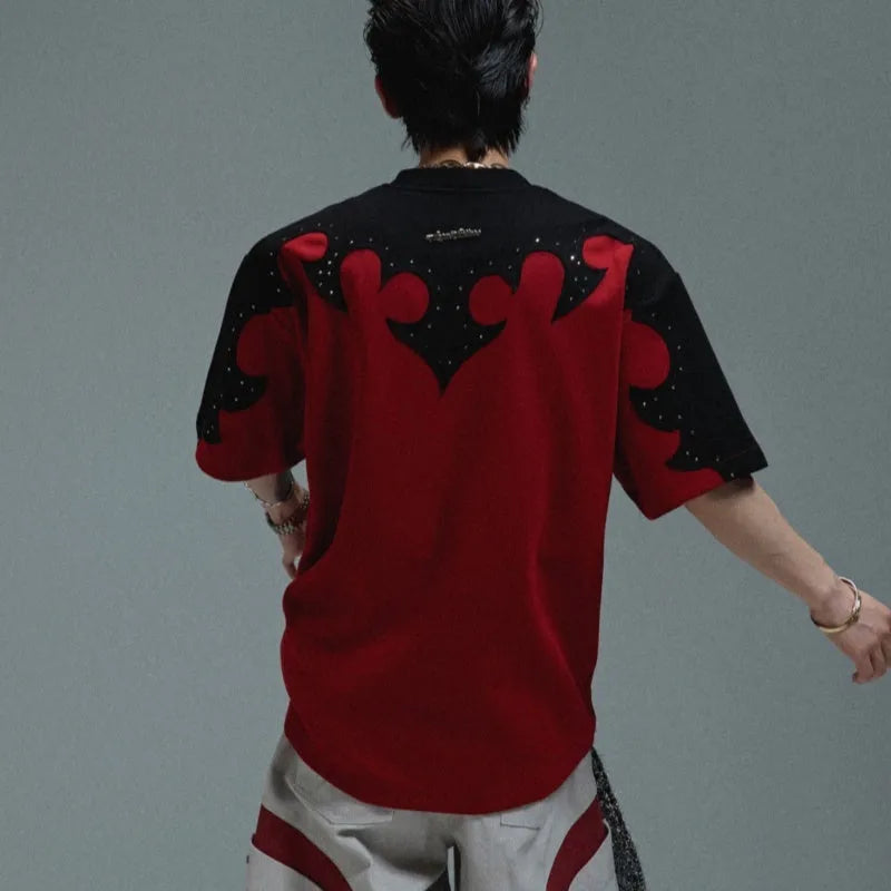 Men's red cotton t-shirt with three-dimensional burnt flower stitching and rhinestone decoration on front