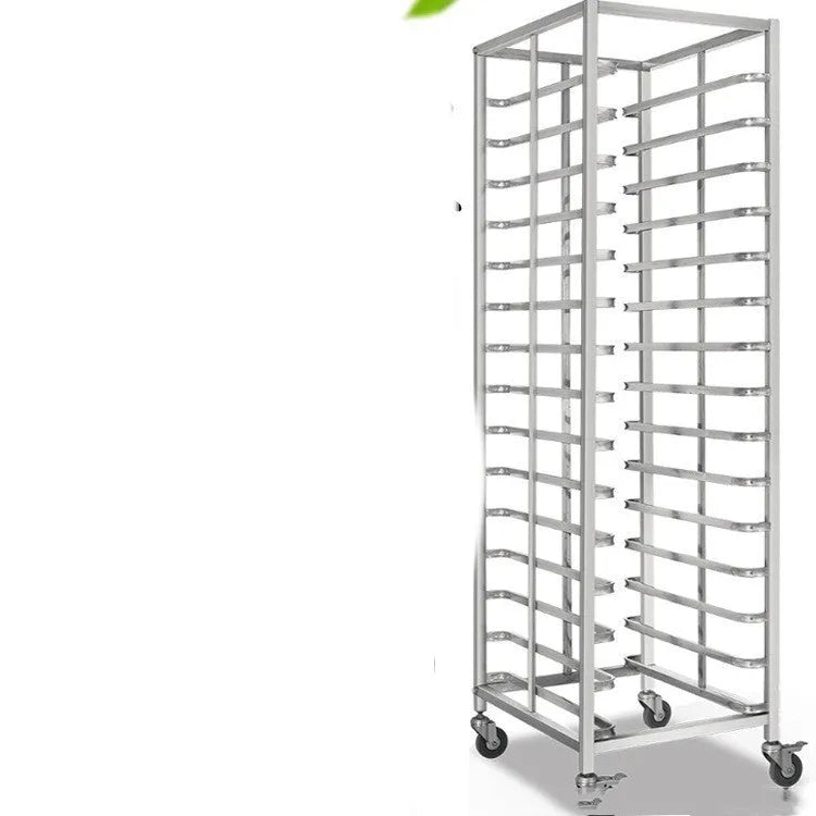 Stainless steel six-tier baking tray rack with a locking mechanism, shown holding multiple baking sheets.