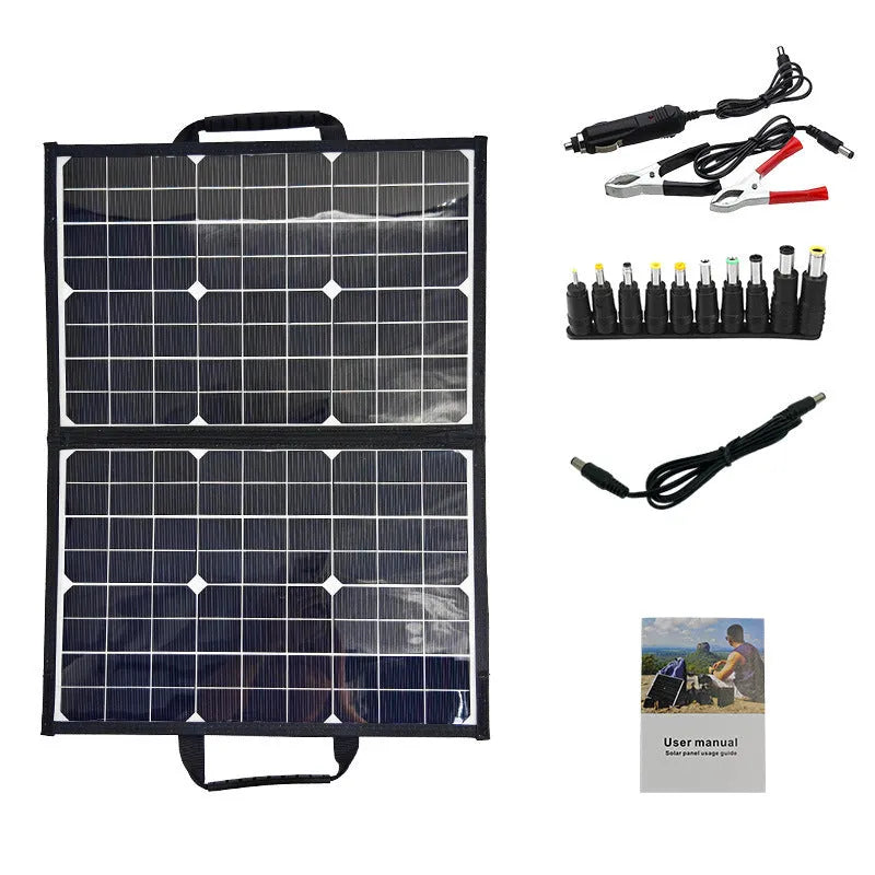 Black 40W portable solar panel folded inside its carrying bag