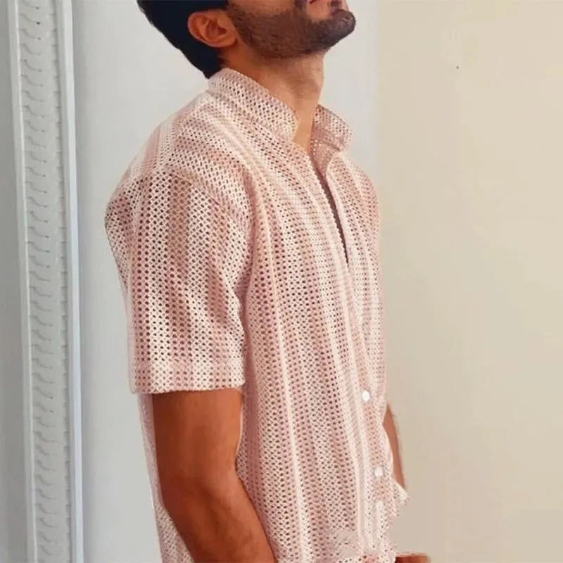 Men's pink waffle texture summer shirt in loose fit cardigan style