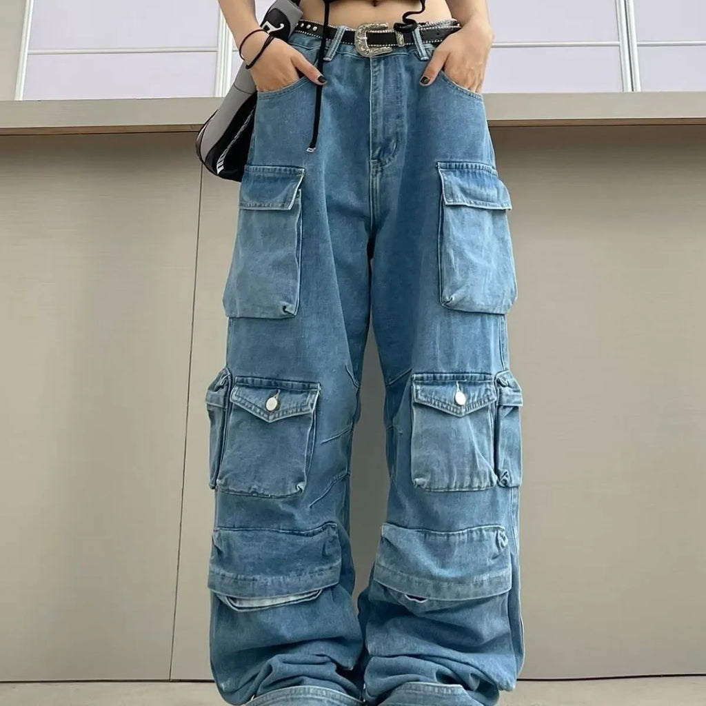 Blue and black tie-dyed women's high-waist wide-leg jeans with multiple pockets.