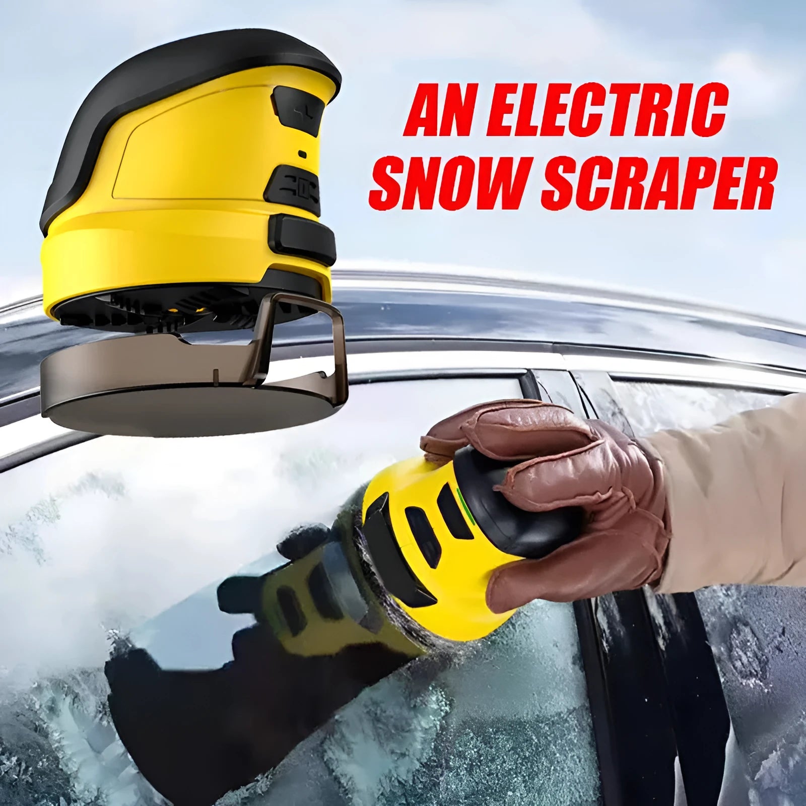 Yellow cordless electric ice scraper for car windows with lithium battery and USB charging