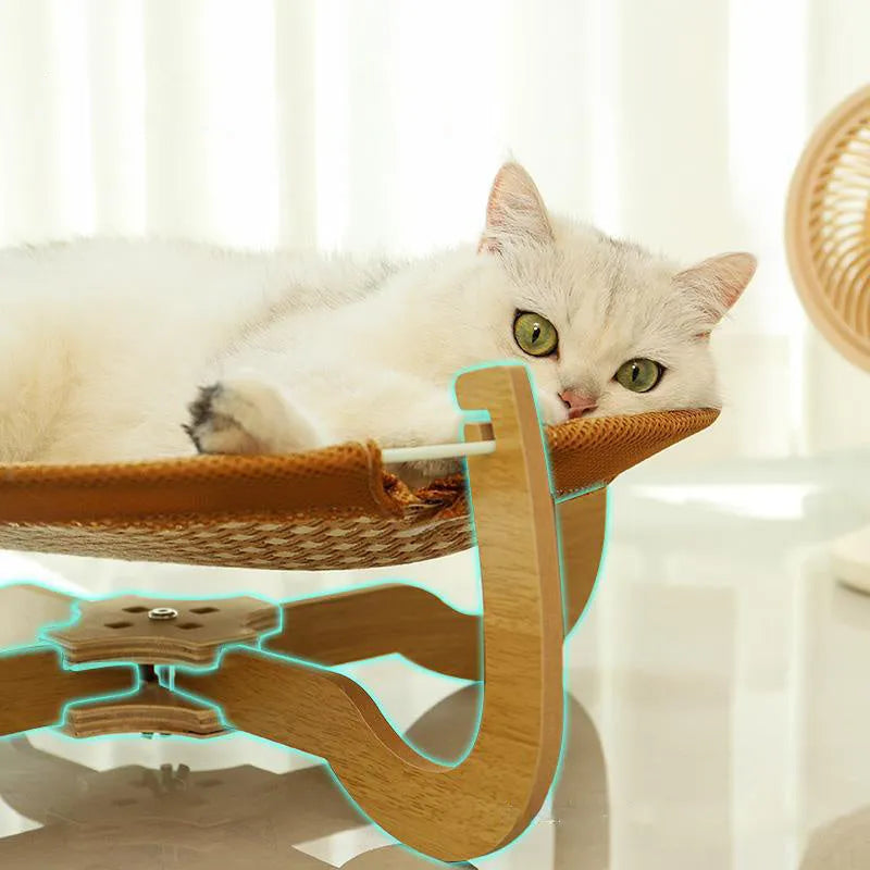 Brown woven rattan pet hammock bed measuring 46cm square with crib-style sides