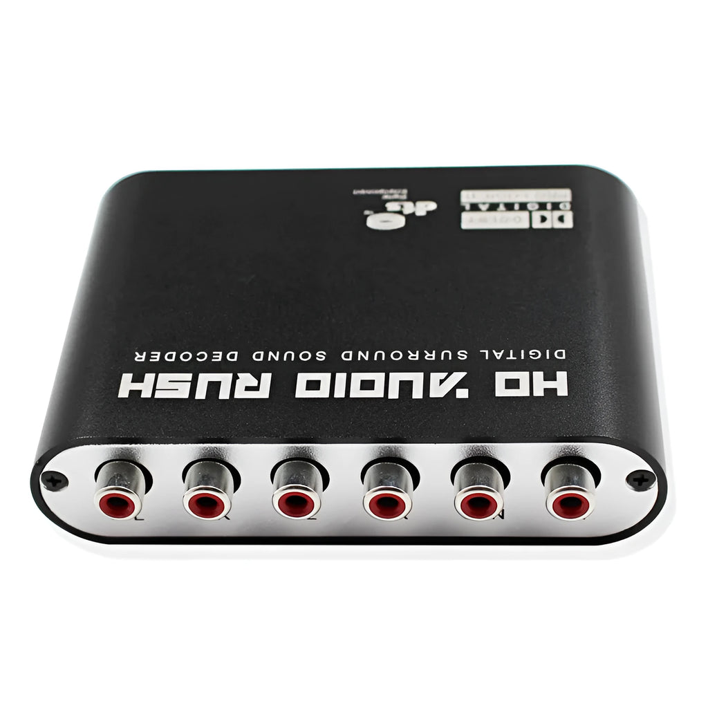 Black DTS Dolby AC-3 digital to analogue audio decoder with optical and coaxial inputs for 5.1 channel surround sound conversion.