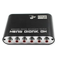 Black DTS Dolby AC-3 digital to analogue audio decoder with optical and coaxial inputs for 5.1 channel surround sound conversion.