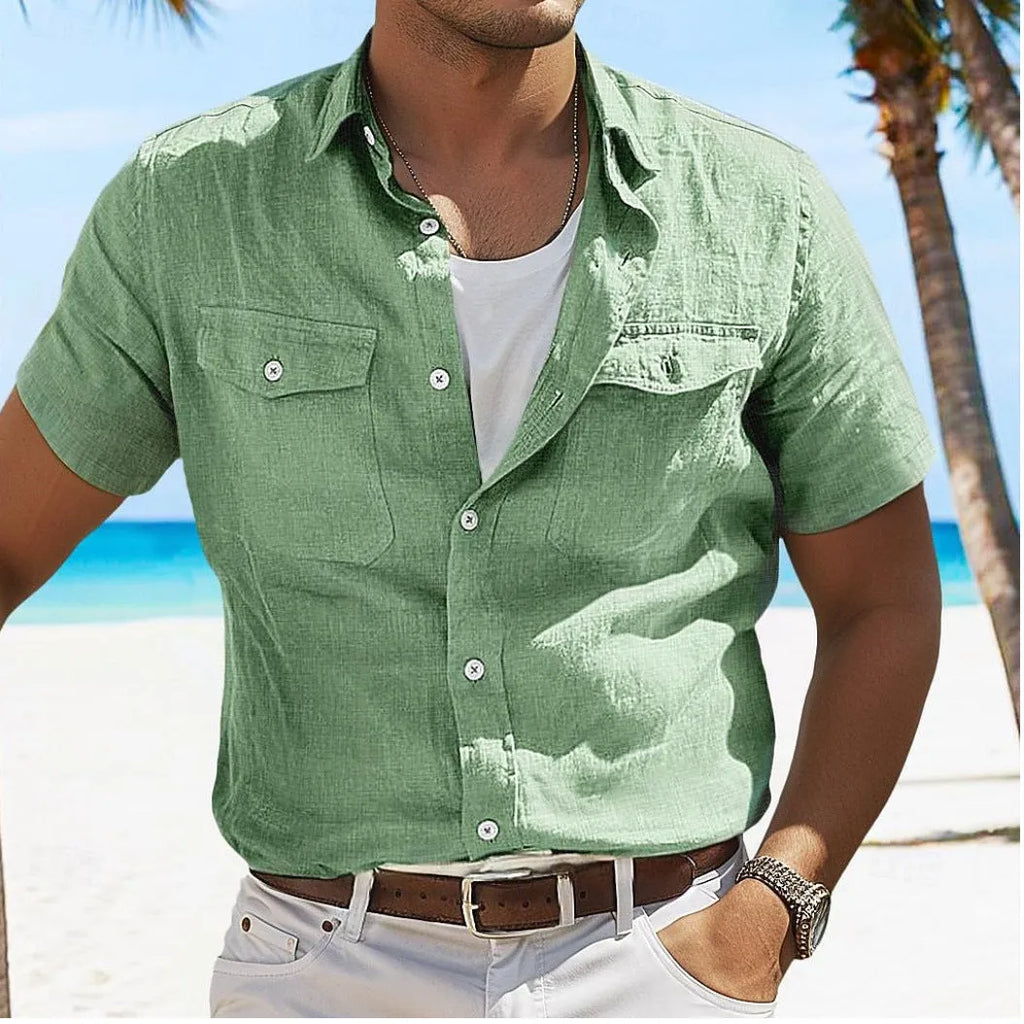 Men's loose fit linen summer shirt in solid colour with cardigan style and long sleeves