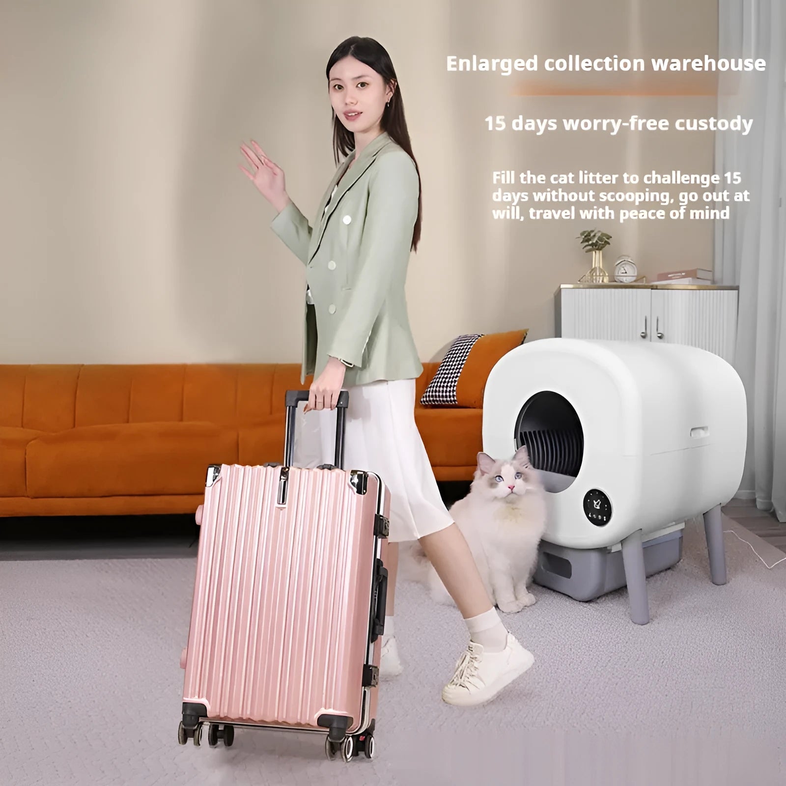 Automatic self-cleaning cat litter box with large 76-litre capacity and control panel