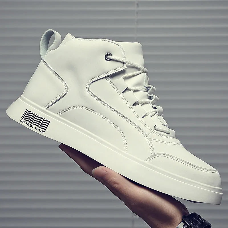 Men's white mid-top sports board shoes with round toe and front lace-up design