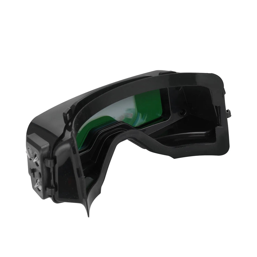 Black automatic darkening welding mask goggles with a wide rectangular lens.