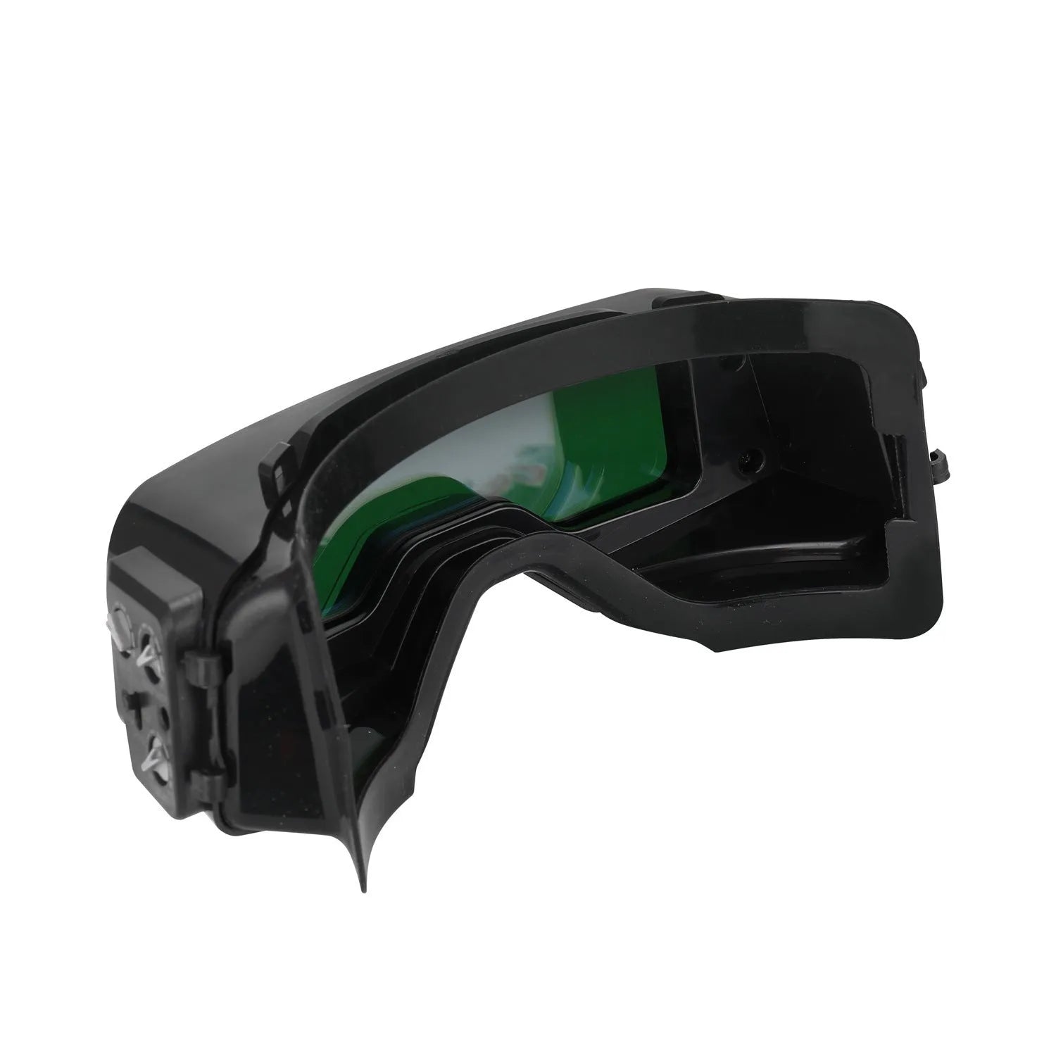 Black automatic darkening welding mask goggles with a wide rectangular lens.