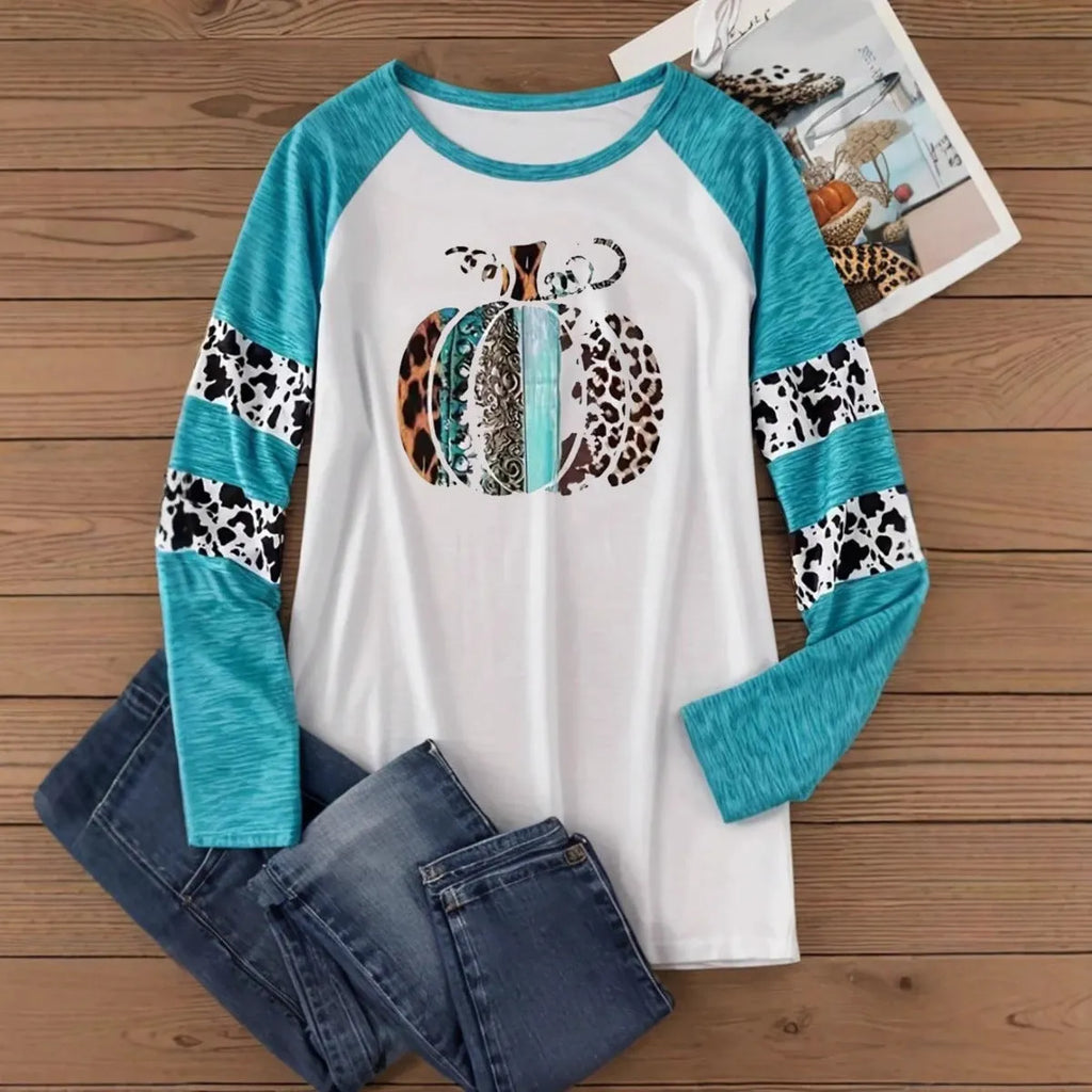 Sky blue Halloween pumpkin digital print t-shirt with long sleeves on mannequin
