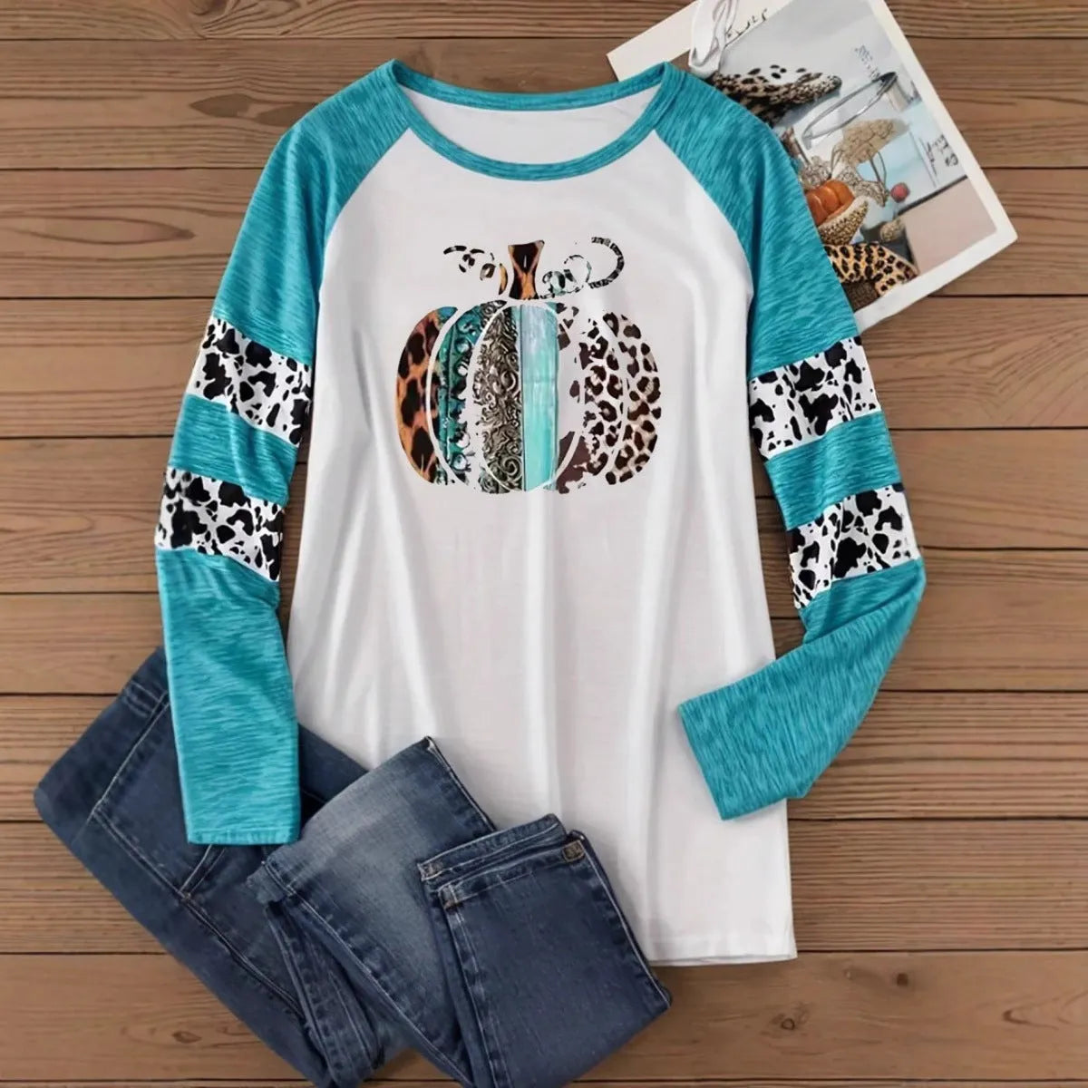 Sky blue Halloween pumpkin digital print t-shirt with long sleeves on mannequin