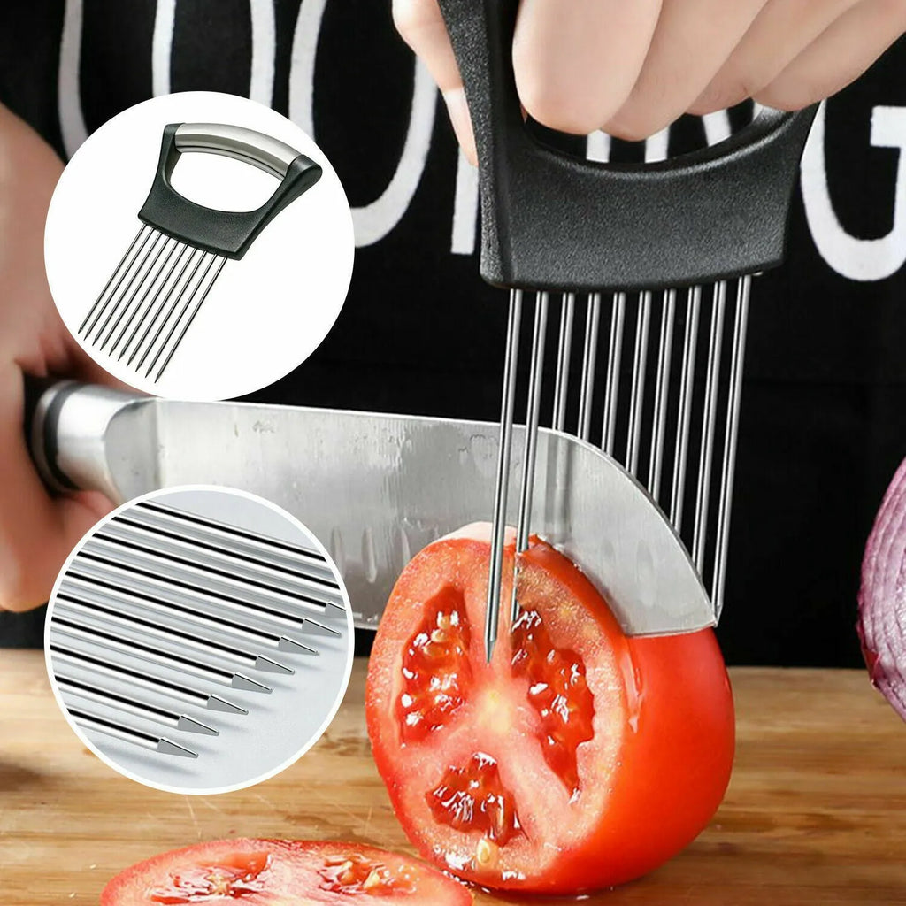 Stainless steel and ABS onion holder slicer for securing tomatoes and vegetables during cutting.