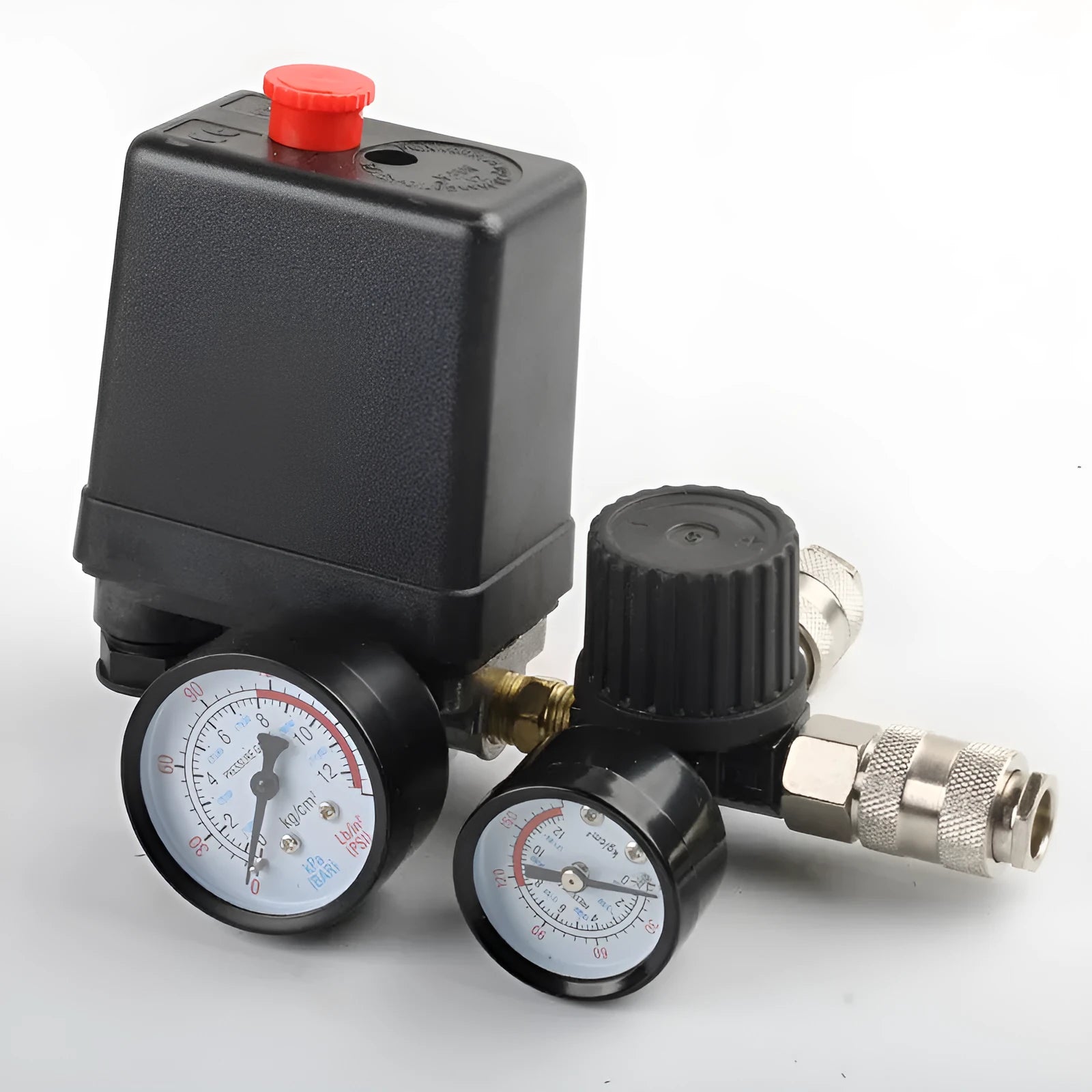 European-style air compressor pressure regulating valve with switch box showing electrical connections and pressure ports