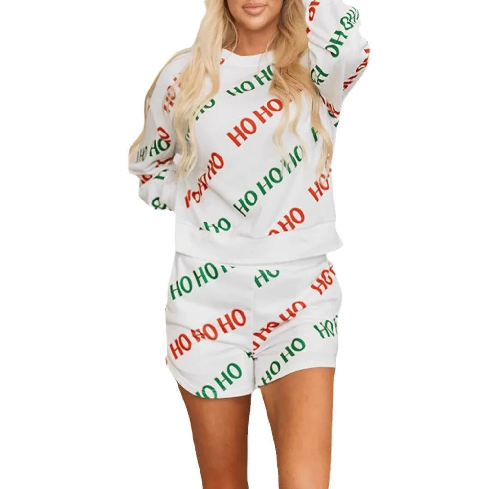 White women's two-piece suit with black letter print pattern and long sleeves