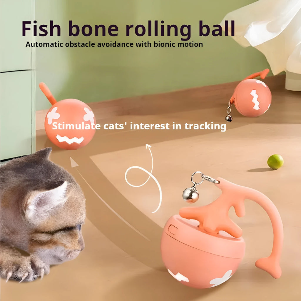 USB electric cat teasing ball with fish bone rolling design and interchangeable teasing stick head in blue colour