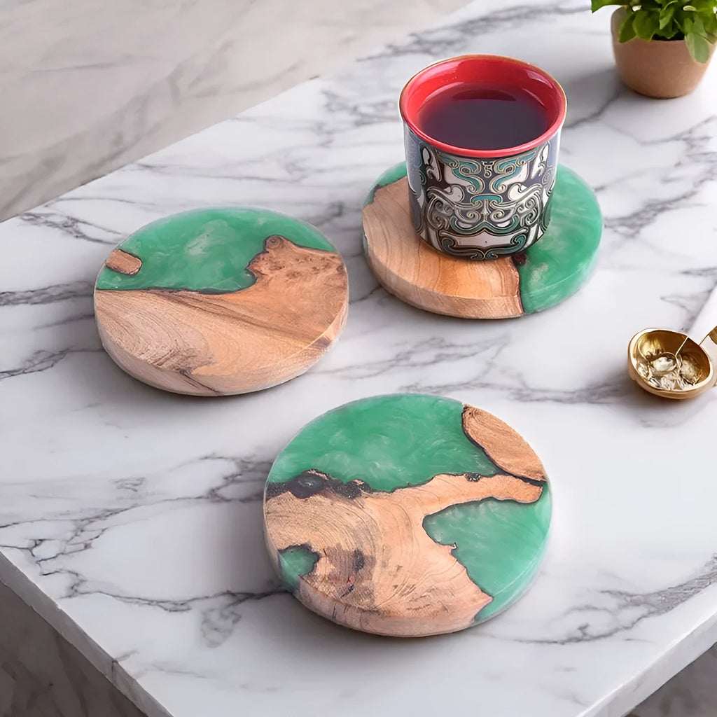 Round and square wooden resin coasters for kung fu tea sets in solid colours