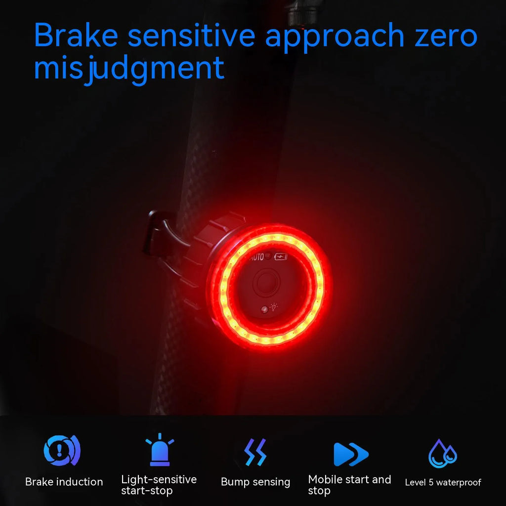 Black intelligent induction brake taillight for bicycles with aluminum alloy and plastic construction