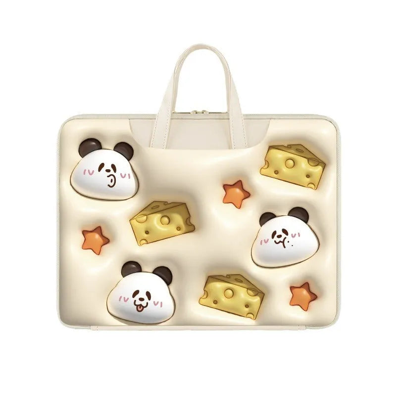 Inflatable laptop bag in a cute panda design with a strap for attaching to a suitcase handle.