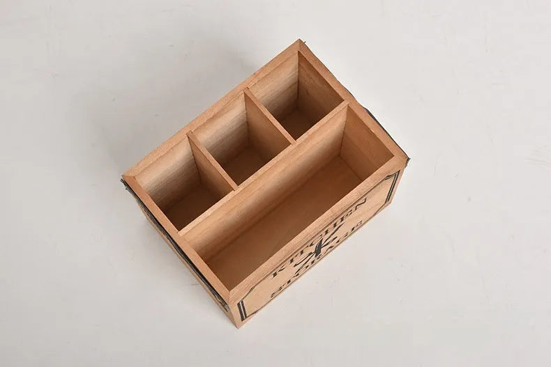 Wooden kitchen storage box for cutlery and chopsticks with internal divider grid