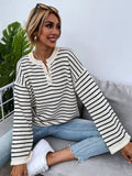 Women's black and white striped loose long sleeve viscose top with drop shoulders