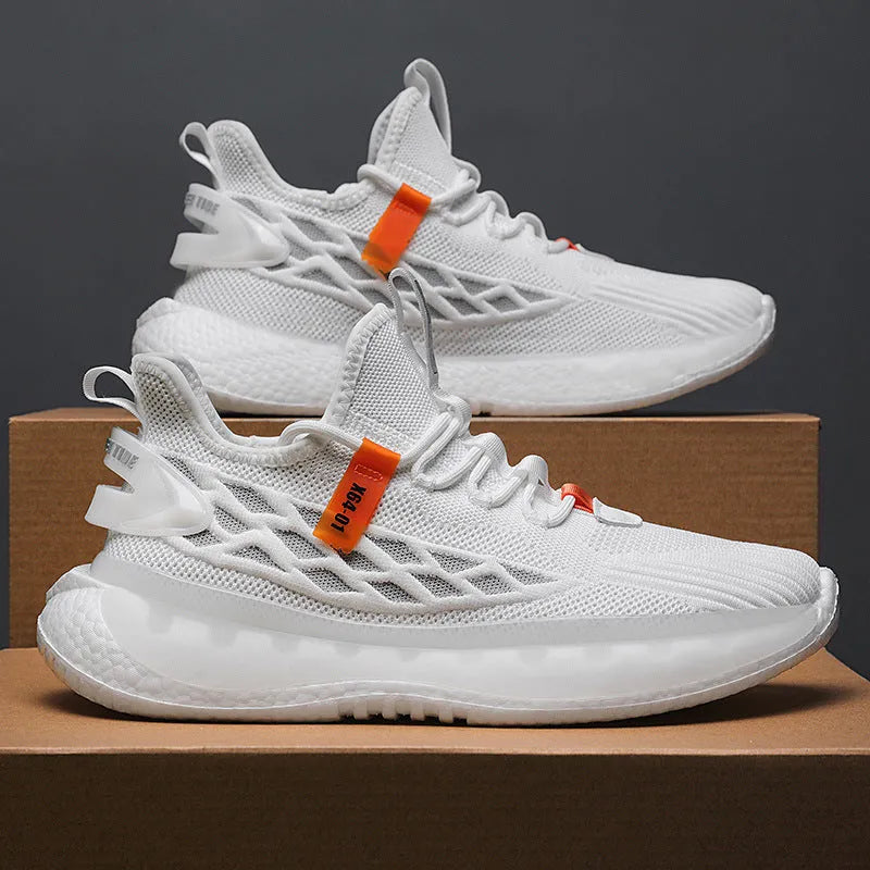 Men's white fly woven mesh platform sneakers with round toe and lace-up closure on a rubber sole.