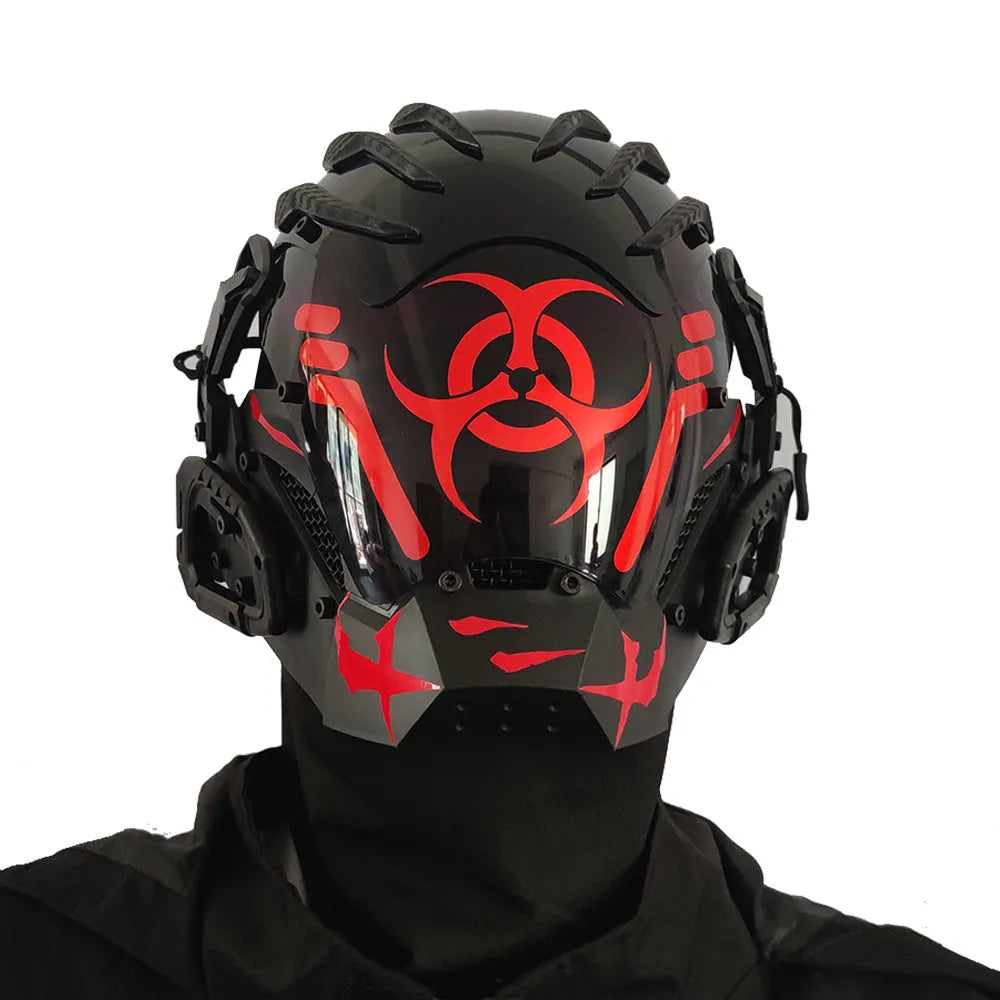 Black bioweapon full face helmet prop mask with tech-themed CYBER04 design