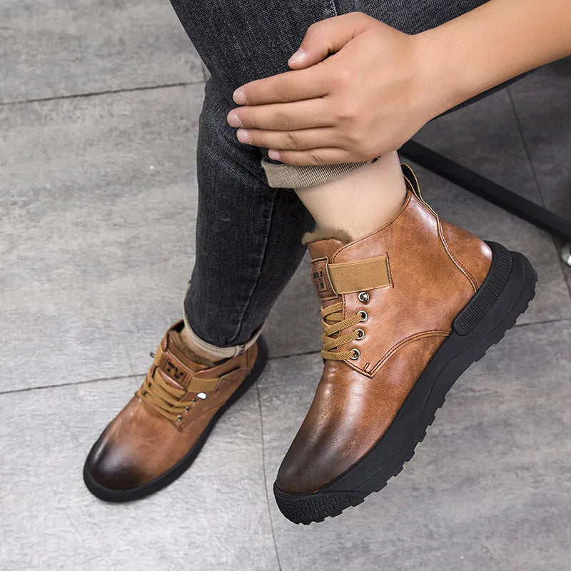 Men's black high-top Martin boots with velvet-style upper and rubber soles