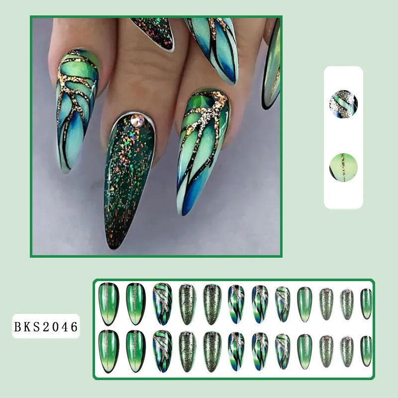 Almond-shaped rainbow nail stickers with colourful lines plaid pattern in four colour variations