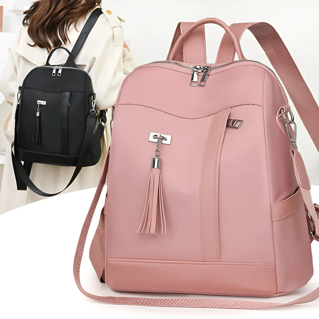 Large black PU backpack with a three-dimensional pocket, shown open to reveal internal phone pocket.