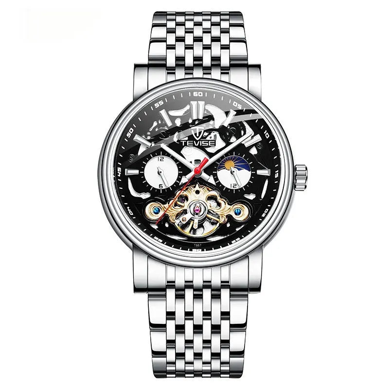 Men's casual tourbillon mechanical watch with luminous dial and waterproof case in rose black colour.