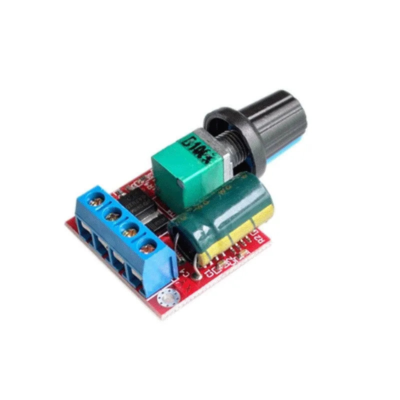 PWM DC motor speed governor module on a white background showing knob, terminals, and compact size.
