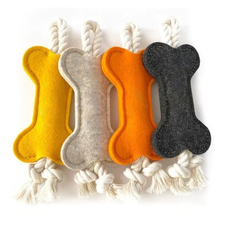 Bone-shaped dog chew toy with rope knot and felt construction in four colour options