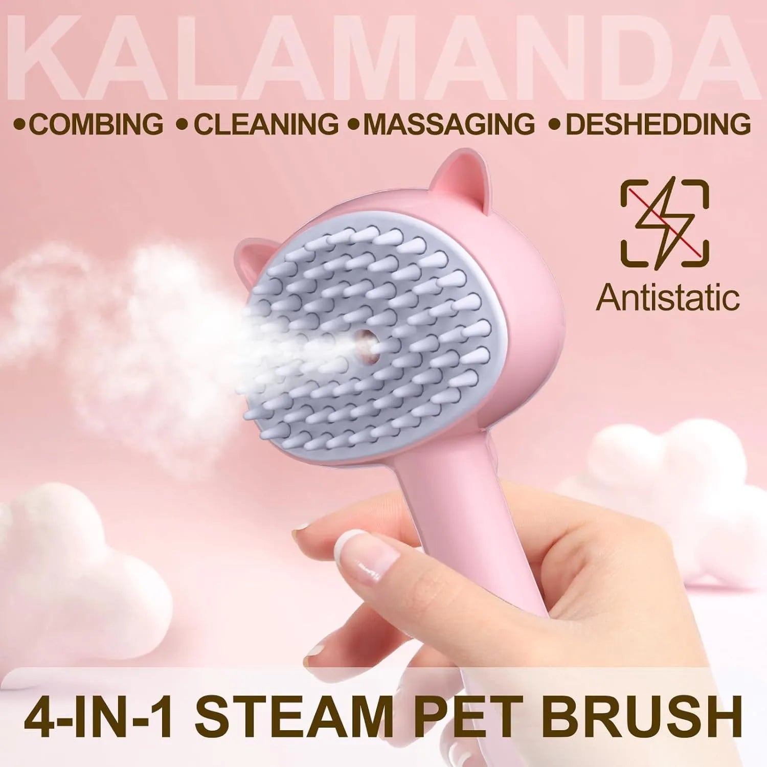 Blue cat ear-shaped pet grooming brush with rubber bristles and misting function