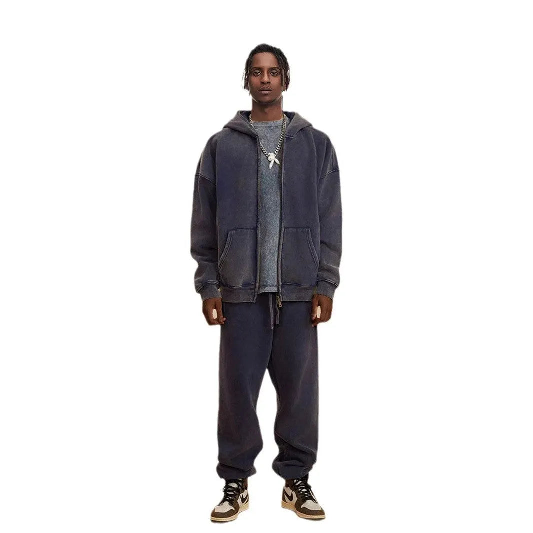 Men's hooded cardigan in cotton with fleece lining and a double zipper, shown in dark green colour