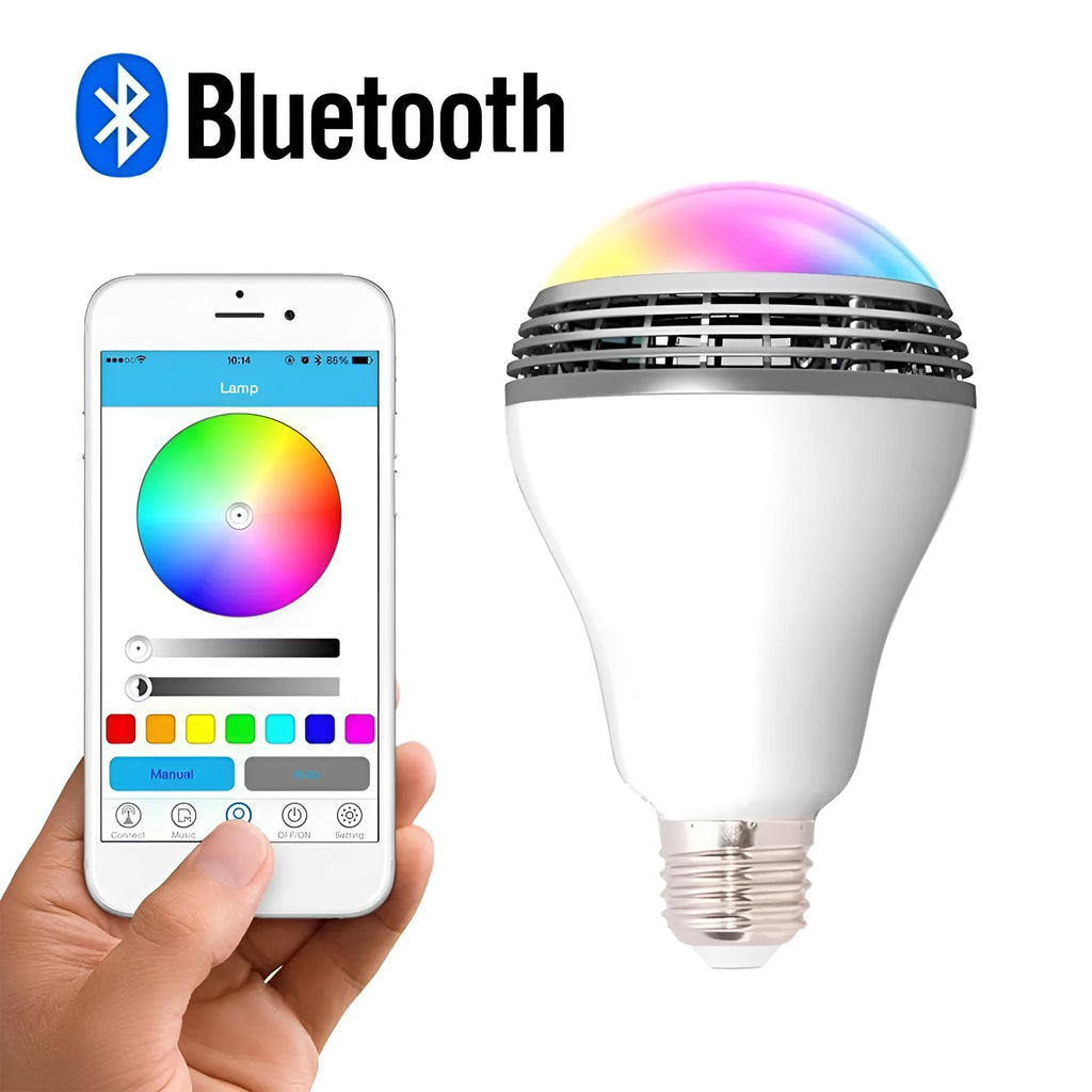 E27 smart LED bulb with Bluetooth speaker inside, showing RGB colour changing light