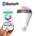 E27 smart LED bulb with Bluetooth speaker inside, showing RGB colour changing light