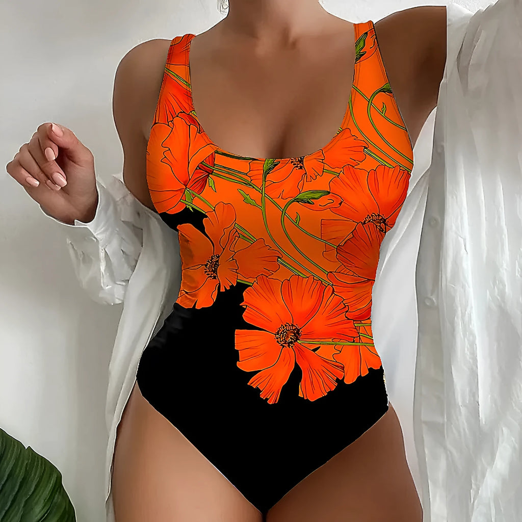 Orange flowers printed backless one-piece swimsuit laid flat, showing slim fit and polyester fabric.