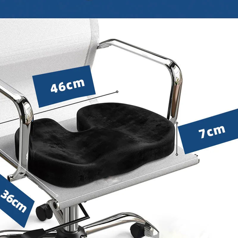 Black flannel covered memory foam seat cushion with U-shaped design for hip support
