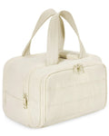 Large polyester travel toiletry bag with wide opening showing interior organisation space