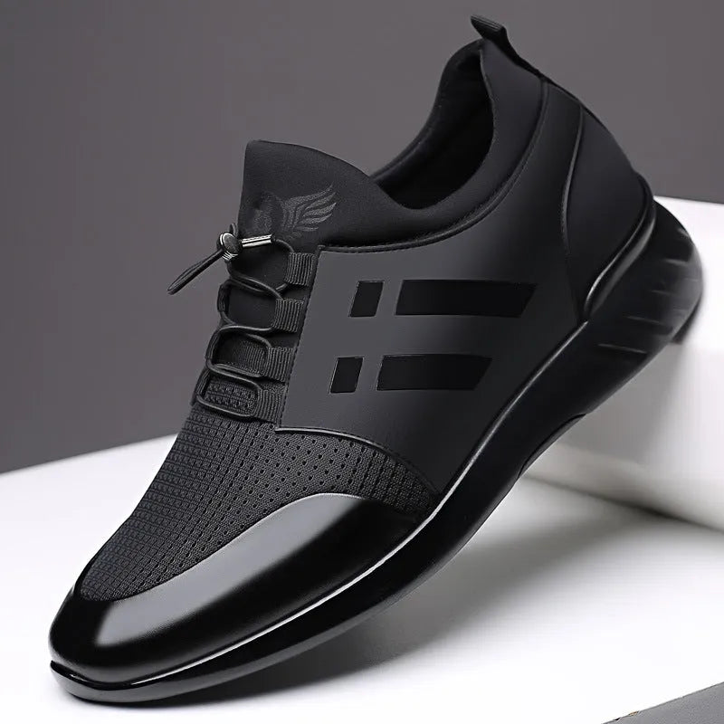 Men's black casual sneakers with a hidden height increase heel, shown in leather, mesh, and Lycra styles.