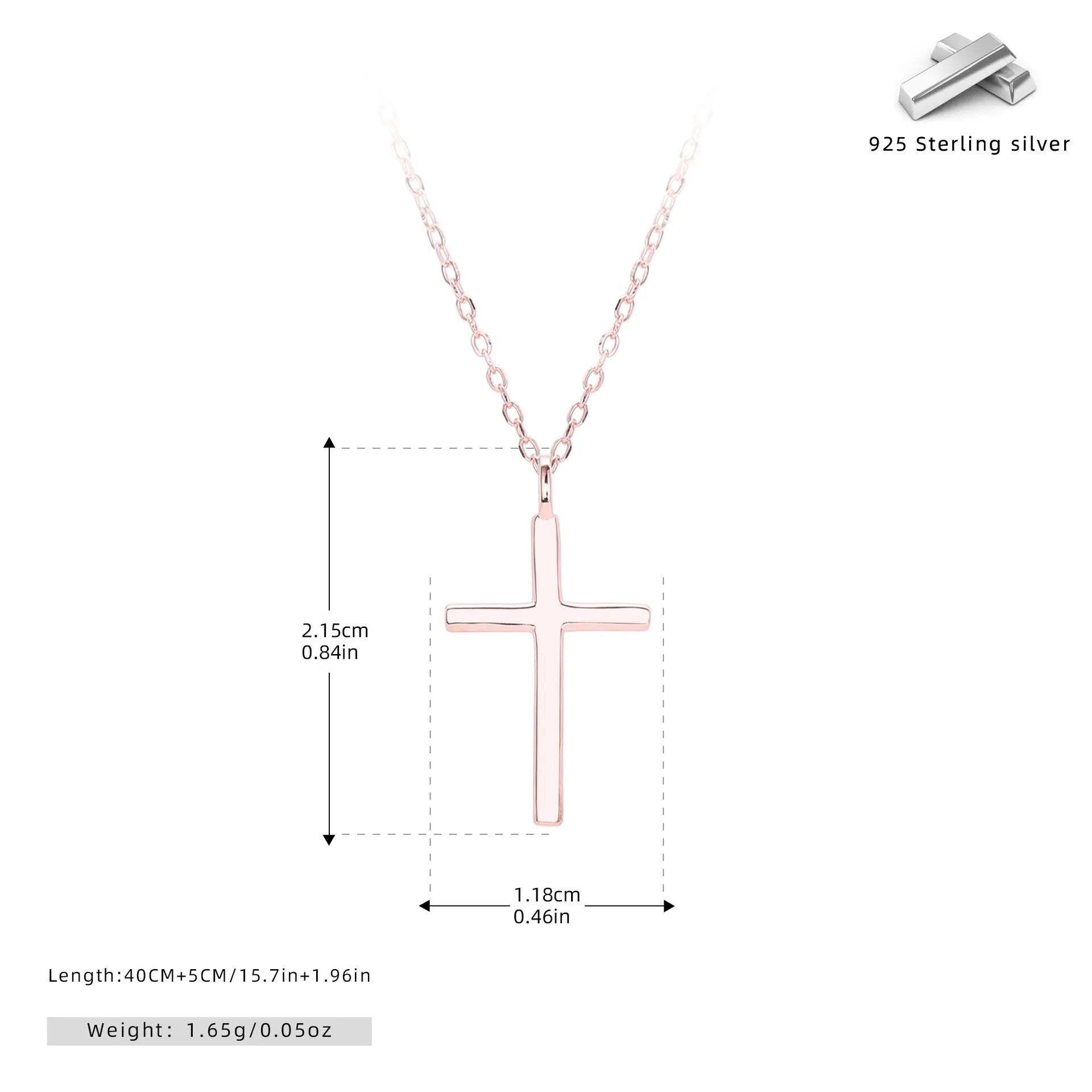 S925 sterling silver necklace with glossy cross pendant on adjustable O-shaped chain