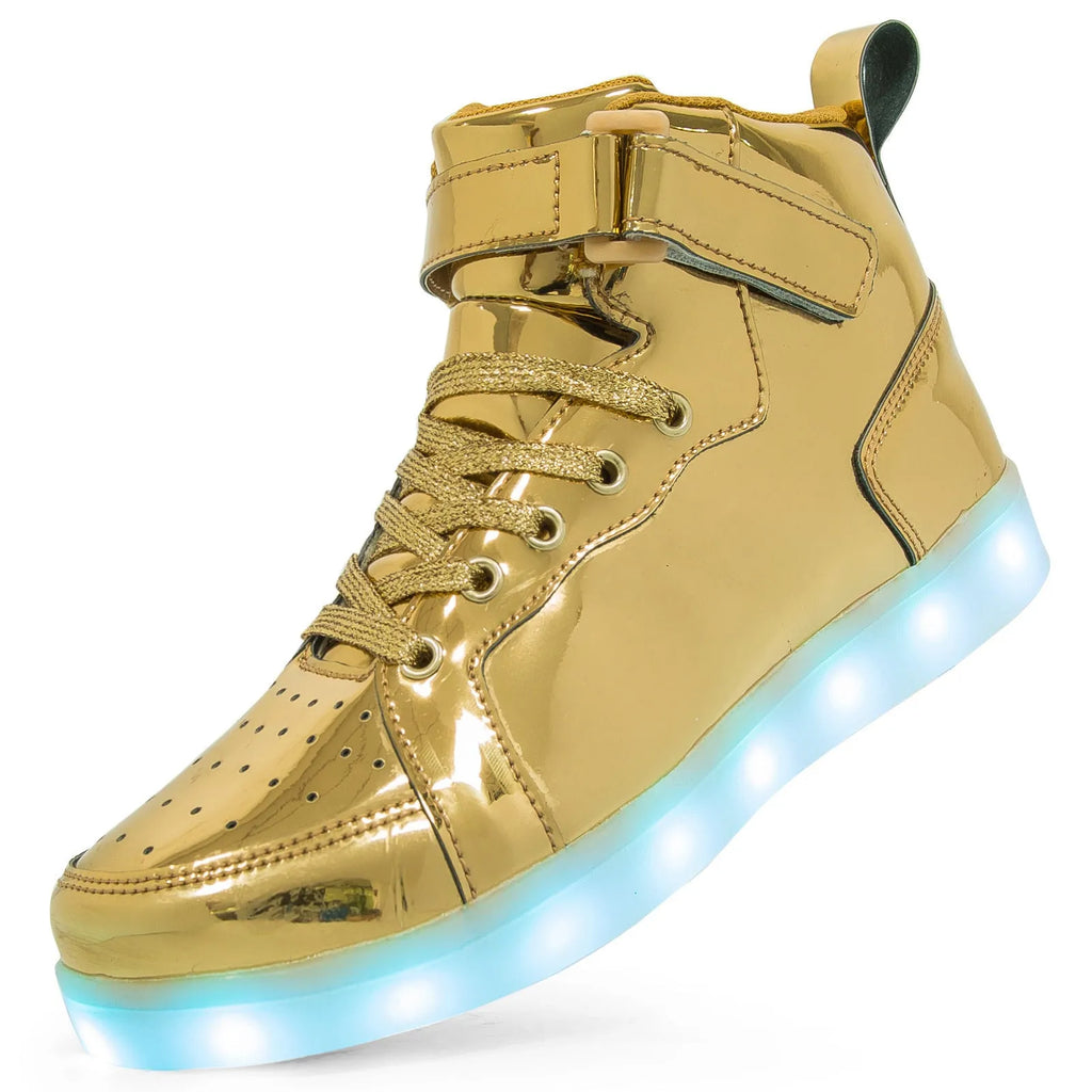 Rechargeable LED light-up high-top trainers in black with Velcro strap, glowing.