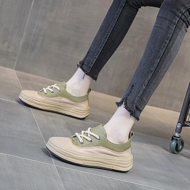 Women's leather platform sneakers in matcha, purple, and orange colours with round toe and lace-up front.