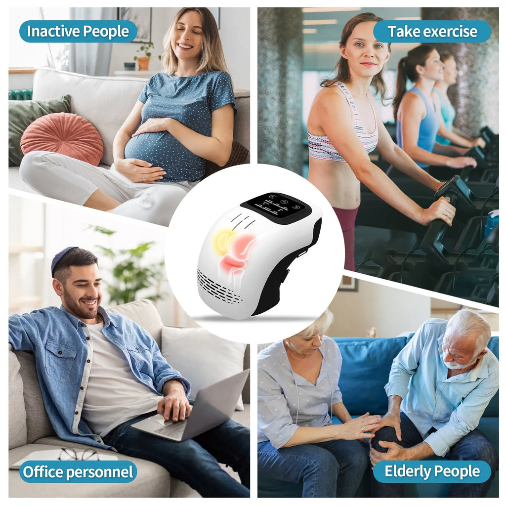 Rechargeable electric knee massager with infrared laser and vibration therapy in white and wood colour options