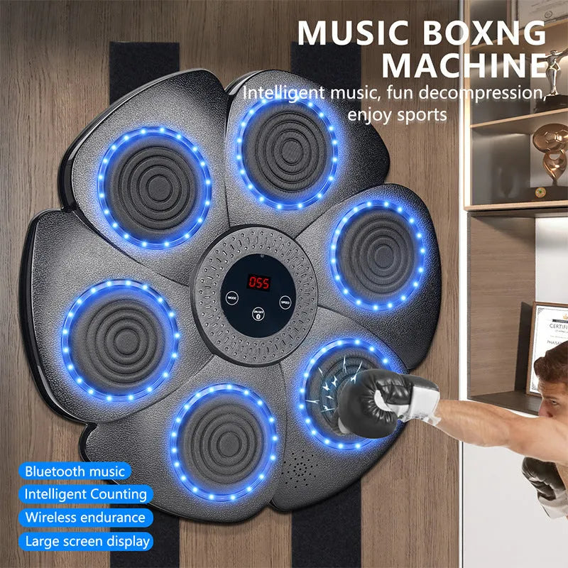 Black smart boxing wall target with LED lights and half-finger gloves for indoor training