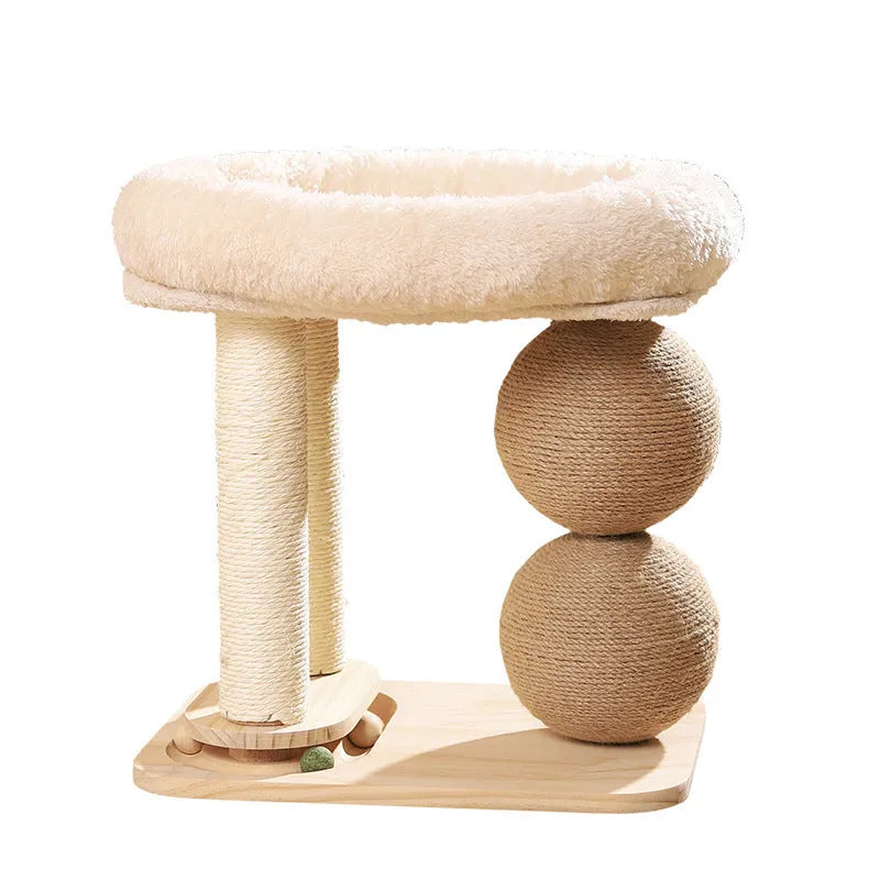 Pine wood cat nest with integrated scratching ball design