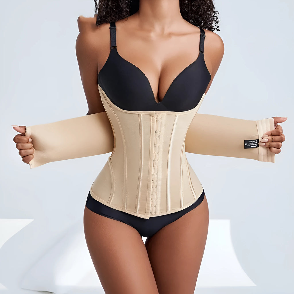 Standard thickness nylon belly band waist training belt in black or apricot colour with belt tie fastening