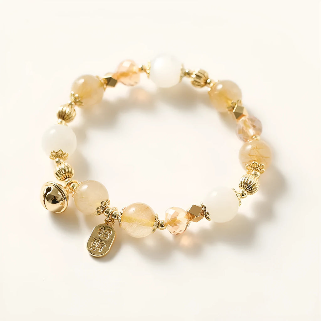 Gold rutilated quartz crystal bracelet with electroplated Lucky Fortune gold colour in Korean style design